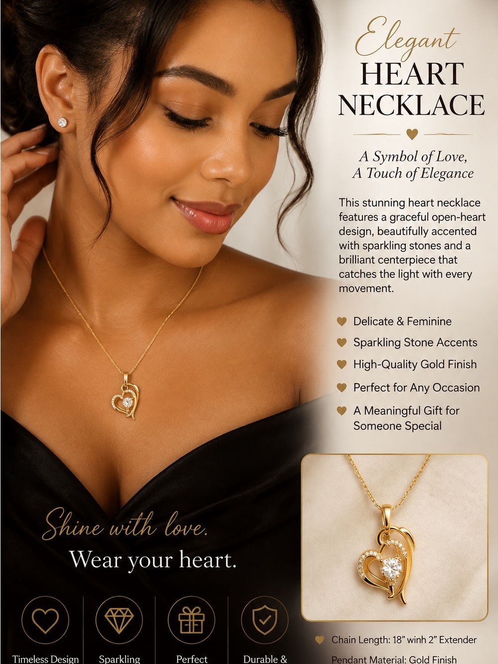 Elegant Heart Necklace - Gold Heart Pendant Necklace